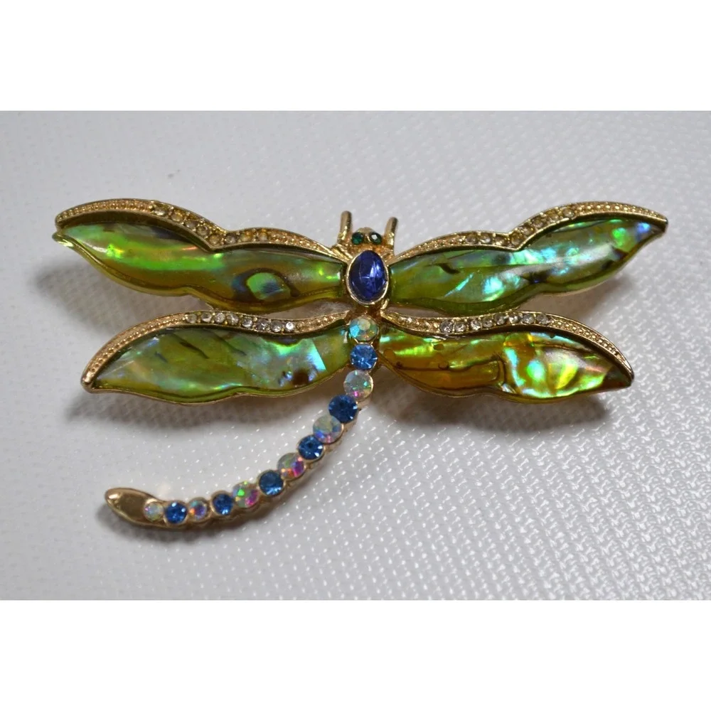 Vintage Kenneth‎ Cole Dragonfly Brooch / Pin Abalone & Rhinestones 2.75